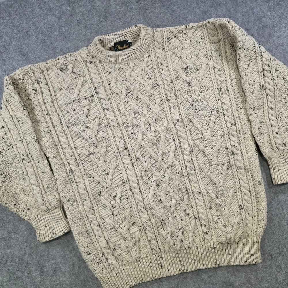Brambles Sweater Mens Large White Wool Cable Knit Crewneck Pullover Heavyweight